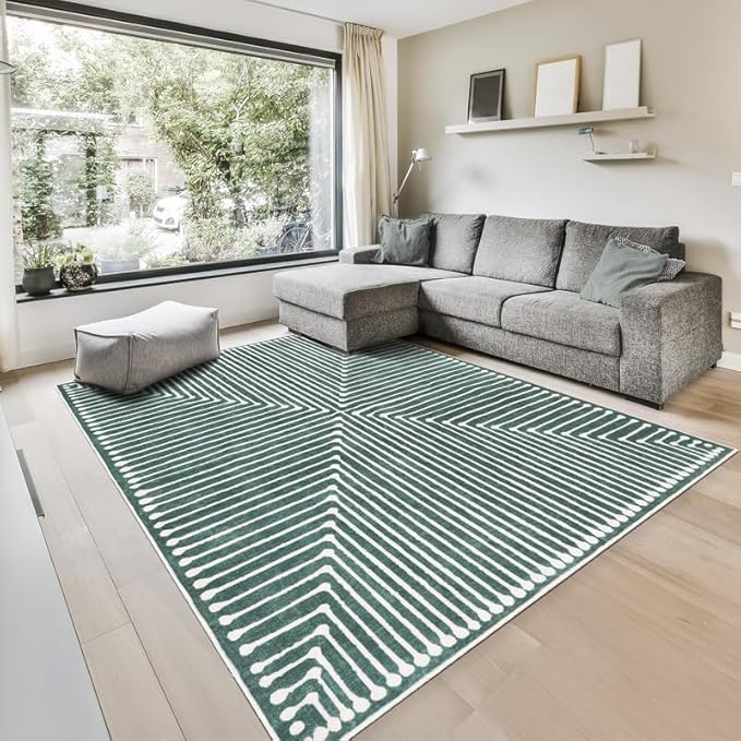 GLN Rugs Contemporary Collection - Machine Washable Area Rug, Contemporary Washable, Non Slip, Low Pile Chenille Rug, Living Room, Bedroom, Kitchen Rug (9' x 12' Beige Green)