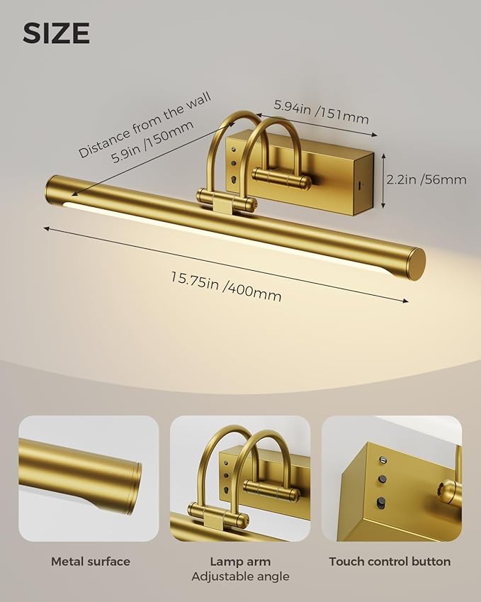 Battery Operated Picture Light with Remote, 15.7″ Wireless Wall Light for Artwork & Frames, Rechargeable LED Gallery Lamp, Dimmable with Timer, Adjustable Metal Design, Electroplated Gold Finish