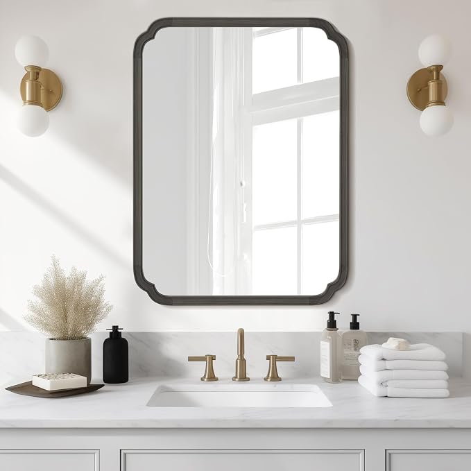 WallBeyond 28" x 40" Rounded Corner Arch Wall Mirror with Wood Frame for Entryway, Living Room or Bedroom Home Decor - Light Woodgrain [28 x 40 inches, Black]