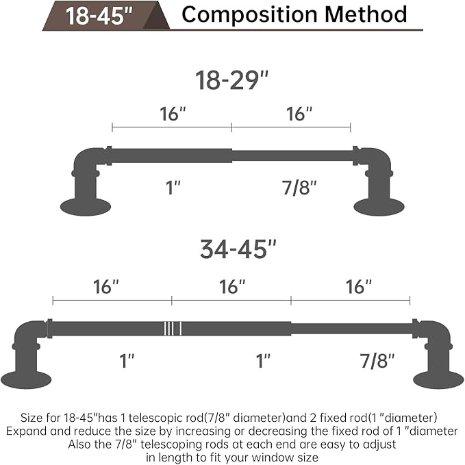 Industrial Curtain Rods 18 to 45 in,Blackout Curtain Rod,Adjustable Length,1 in Diameter Pipe,Wall or Ceiling Mounted,for Bedroom and Living Room (Antique Brass18” to 45”)