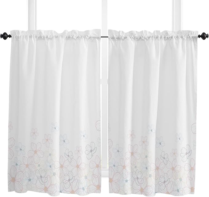 Kitchen Tier Curtains 45 inches Length, Line Cherry Blossom Design Simple Flower Window Curtains for Living Room Bath Cafe,Rod Pocket Light Filtering Drapes Short Half Window Treatment Tiers 2 Panels