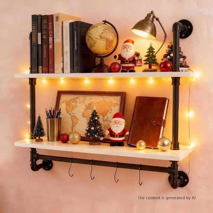 ROGMARS White Floating Wall Shelves Industrial Pipe Shelving 30 Inch | Wood Bathroom Shelves with Towel Bar Over Toilet, Rustic Farmhouse Pipe Wall Shelves for Kitchen Living Room