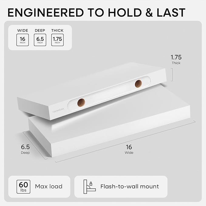 Homeforia White Floating Shelves 16 inch, High End Solid Real Wood 16inch Bathroom Floating Shelf for Wall Mounted, White Wooden 16 Floating Shelves, Heavy Duty Bracket, 16 X 6.5 X 1.75 inch, Set of 3