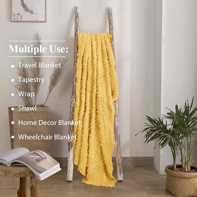 Simple&Opulence 100% Cotton Throw Blanket for Bed, Couch, Boho Textured Geometric Knit Woven Blanket with Tassels Soft, Lightweight Breathable Shabby Chic Farmhouse Decoration for All-Season(Yellow)