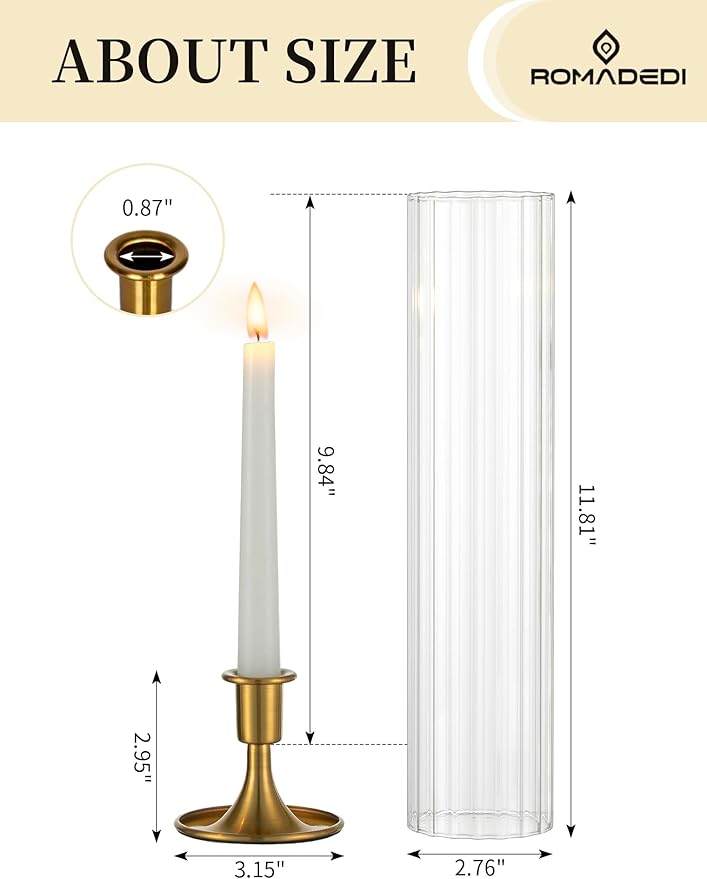 Romadedi Hurricane Glass Candle Holder: Set of 10 Gold Taper Candle Sticks Holder with Ribbed Cylinder Cover & Weighted Base for Table Centerpiece Wedding Christmas Party Outdoor