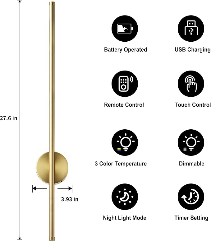 Battery Operated Modern Wall Sconces, Dimmable Wireless Wall Light Set of Two with Remote Control, 3 Color Temperatures, Rechargeable LED Wall Sconce for Bedroom, Living Room, Hallway, 27.6 Inch Brass