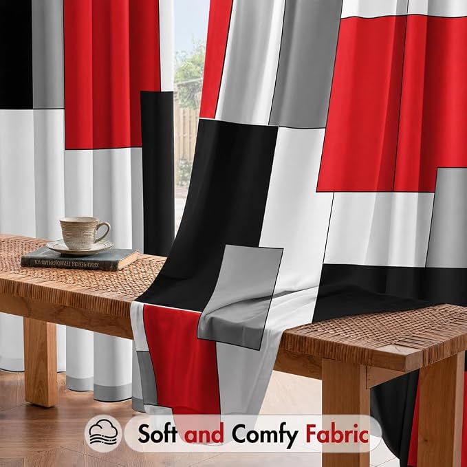 Black and Red Curtains for Living Room 52W x 84L Inch Length Geometry Curtains Modern White Grey Abstract Rod Pocket Curtain for Bedroom Kitchen Room Window Drapes 2 Panels