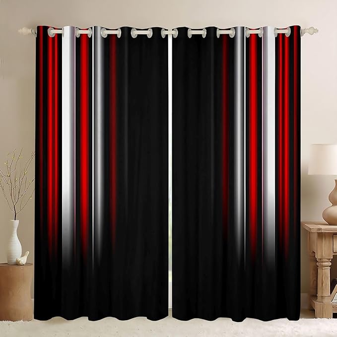 jejeloiu Geometric Strip Lines Curtains Kids (2 Panels, 42 x 84 Inch) Curtainsative Modern Darkening Dreapes Abstract Gradient Style Red Black White Window Treatments Blackout