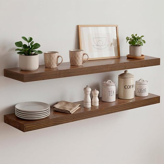 Homeforia Classic Walnut 30 inch Floating Shelf, High End Solid Real Wood Small 30inch Floating Shelves for Wall Mounted, 30in Floating Shelves, Heavy Duty Bracket, 30 X 6.5 X 1.75 inches, Set of 2