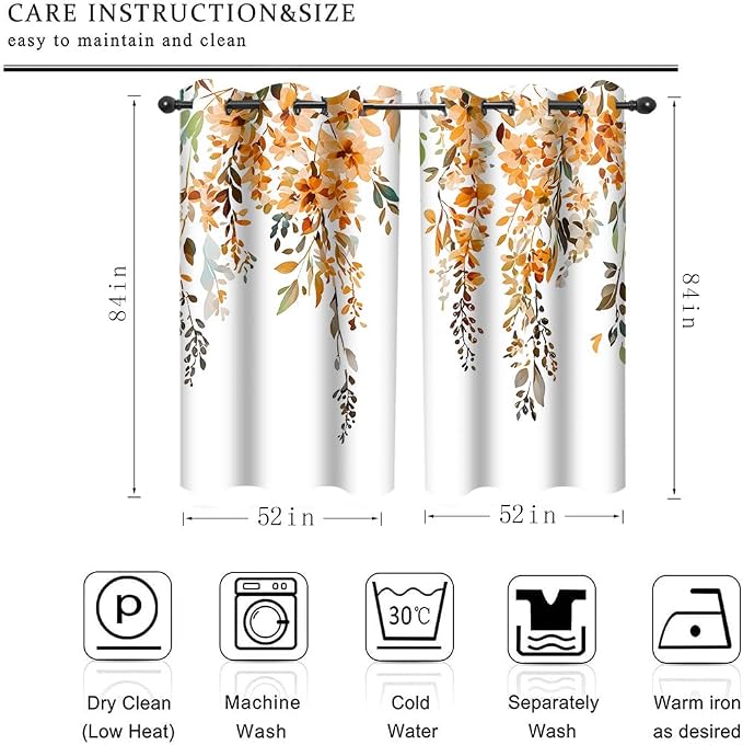 Orange Watercolor Floral Curtains 84 inches Long, Botanical Leaves Vine Flowers Rustic Farmhouse Curtains, Blackout Window Treatment Drapes for Bedroom Living Room 52x84inch, 2 Panels