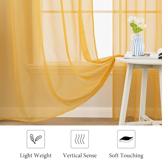 MIULEE 2 Panels Solid Color Sheer Window Curtains Elegant Window Voile Fall Panels/Drapes/Treatment for Bedroom Living Room (54X96 Inches Gold)
