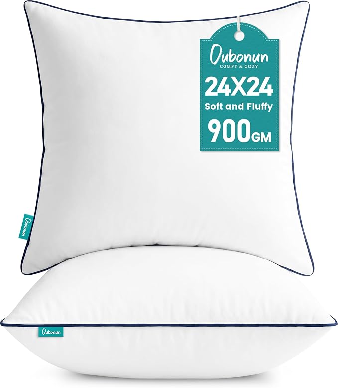 Oubonun 24 x 24 Throw Pillow Inserts – Durable & Structured, Soft Down Alternative Decorative Pillows with Piping Edge for Couch Sofa Bed, Machine Washable, White, Pack of 2