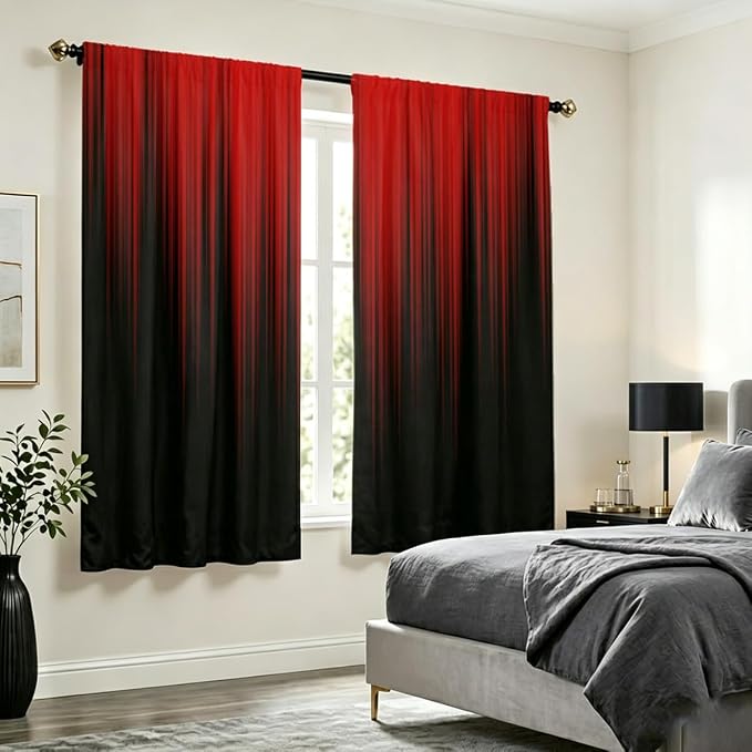AAtter Red Black Window Curtains, Room Darkening, Rod Pocket 42" W x 63" L | Burgundy Ombre Gothic Drapes, Dark Modern High Precision Fabric, Abstract Anime, 2 Panels Cool Bedroom Decor for Men