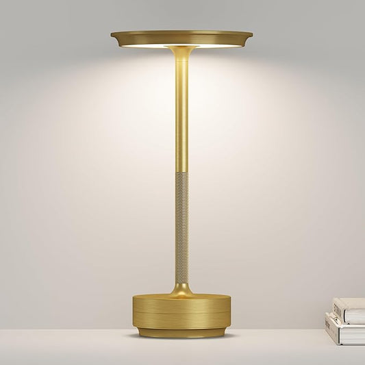 Cordless LED Table Lamp,Portable Rechargeable USB-C Battery Operated Table Lights IP54 Waterproof 3 Levels Brightness Light with Memory Function,for Terrace, Western Restaurant, Cafe(Gold)