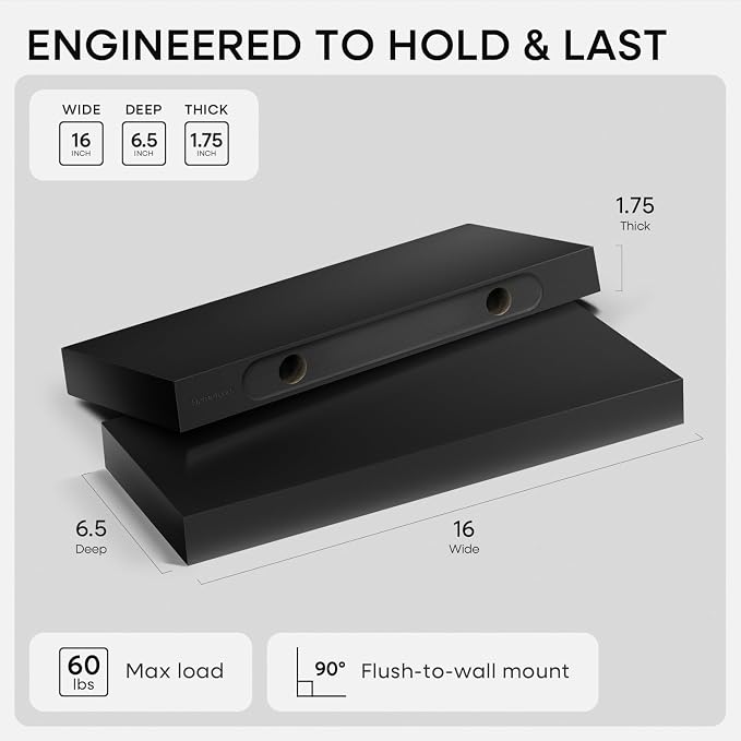 Homeforia 16 inch Black Floating Shelves, High End Solid Real Wood 16inch Bathroom Floating Shelves for Wall Mounted, 16in Wooden Small Floating Shelf, Heavy Duty Bracket, 16 X 6.5 X 1.75 in, Set of 4