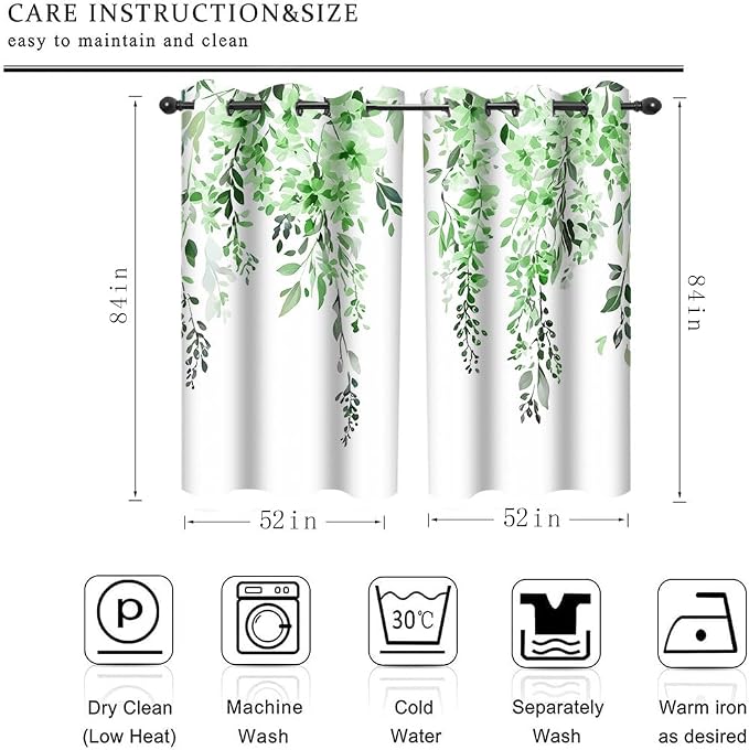 Green Watercolor Floral Curtains 84 inches Long, Botanical Leaves Vine Flowers Rustic Farmhouse Curtains, Blackout Window Treatment Drapes for Bedroom Living Room 52x84inch, 2 Panels