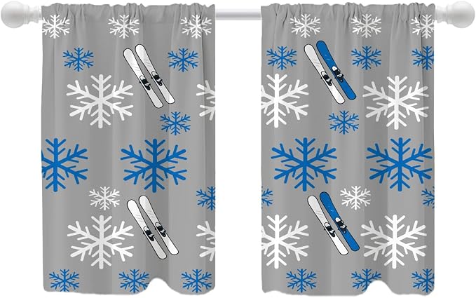 Shrahala Snowflakes Skis Blackout Curtain Tiers, Winter Sports Themed Pattern Kitchen Valance Light Blocking Tier Drapes with Rod Pocket, 2 Pack 26 X 36 in
