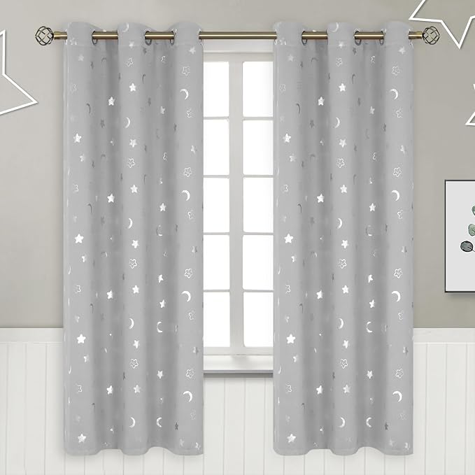 BGment Nursery Curtains for Kids Room, Star and Moon Blackout Curtains for Girls Boys Bedroom, Room Darkening Thermal Insulated Decoration Window Grommet Curtains, 2 Panels of 42 x 72 Inch, Light Grey