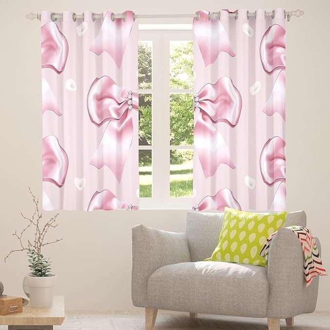 Erosebridal Pearl Bow Curtain Pink Ribbon Bow Window Curtain,Cute Girly Bowknot Window Treatments Luxurious Bow Curtains & Drapes 38" Wx54 L for Kids Girls Teen Women