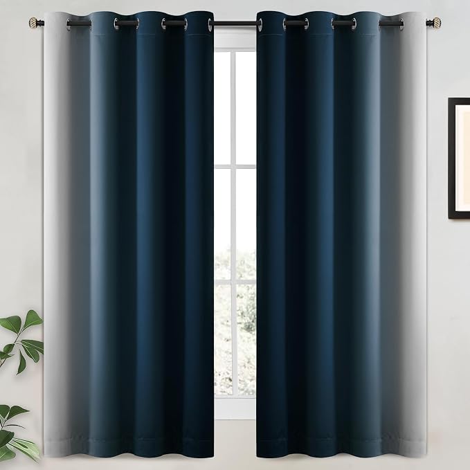 Yakamok 100% Blackout Curtains Ombre Navy Blue Curtains for Bedroom 63 Inch | 2 Layers,Room Darkening Grommet Gradient Drapes,Light Blocking Thermal Insulated Window Curtains for Living Room 52W x 63 L