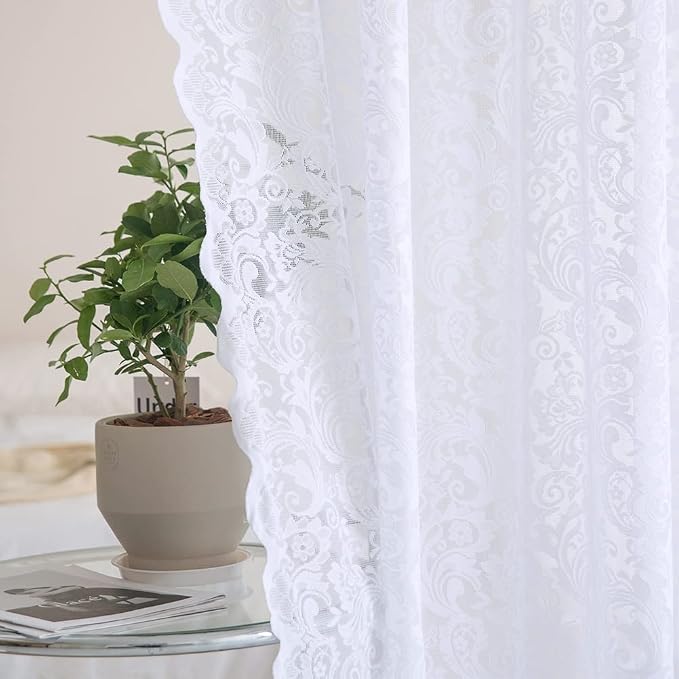 ALIGOGO Lace Cafe Curtains 45 inch Length - Vintage White Kitchen Curtains Privacy Heavy Floral Lace Drapes for Small Window, Short Curtain Rod Pocket 2 Panels 52 W x 45 L Inch, White