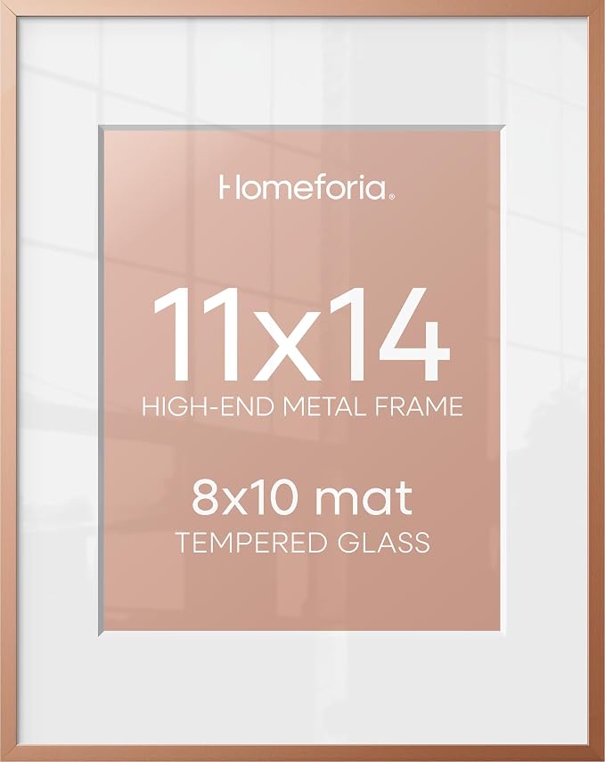 Homeforia 11x14 Picture Frame Rose Gold, High End Metal 11x14 Wall Hanging Frame with Mat 8x10, 11 x 14 Poster Frame Matted to 8 x 10 inch Photo, 11by14 Thin Frames, Tempered Glass, Wall Kit, Set of 2