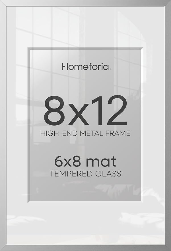 Homeforia Silver 8x12 Picture Frame, High End Metal 8 x 12 Poster Frames with Mat 6 by 8 for Photo, 12x8 Frame Matted to 6x8 inch Art, 8by12 Wall or Tabletop Frames, Tempered Glass, Wall Kit, Set of 3