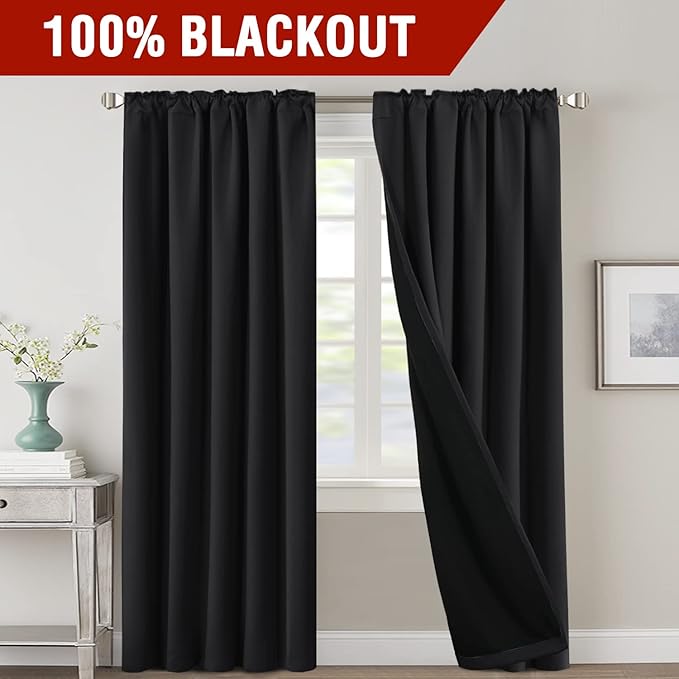 H.VERSAILTEX 100% Blackout Curtains for Bedroom with Black Liner Full Room Darkening Curtains 96 Inches Long Thermal Insulated Back Tab/Rod Pocket Window Drapes for Living Room, 2 Panels, Jet Black