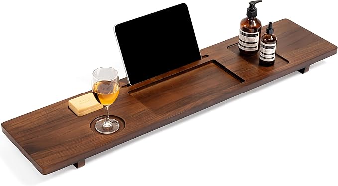 Teak Bathtub Tray for Freestanding Bath, 39" Extra Thick Adjustable Spa Caddy - Non-Slip Anti-Tip Wood Organizer for iPad, Wine & Book - Rich Walnut Brown Finish, Perfect Self-Care Gift