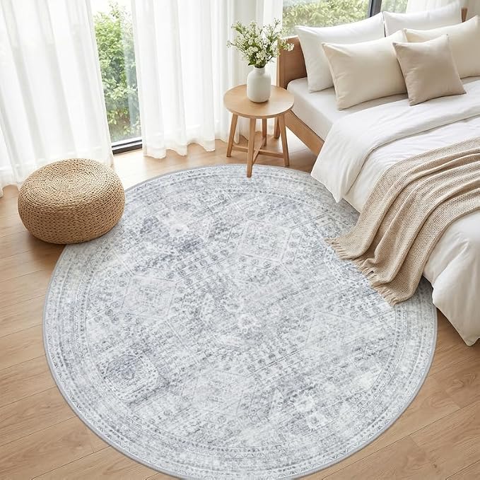 Round Area Rug for Living Room: 8ft Vintage Boho Neutral Washable Circle Rug Soft Large Circular Carpet for Bedroom Nursery Farmhouse Dining Room Office Floor Non-Slip Low Pile Under Table Rug Gray