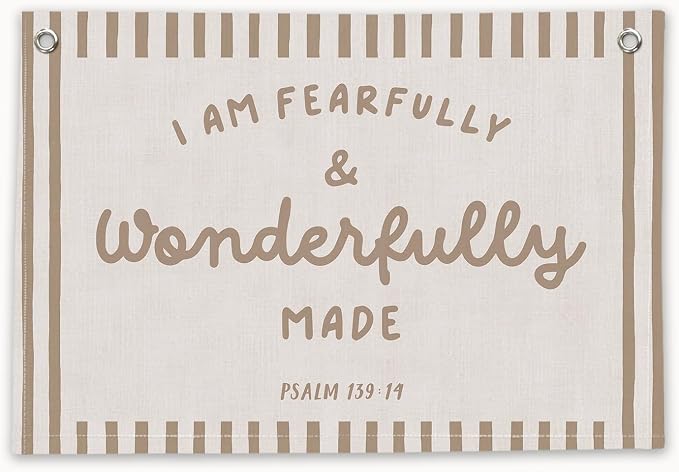RTXLEZM Christian Nursery Decor, I Am Fearfully and Wonderfully Made Christian Canvas Banner Wall Hanging, Retro Religious Wall Art Prints for Kids Room Bedroom Playroom Classroom Decor, 20x30 Inch