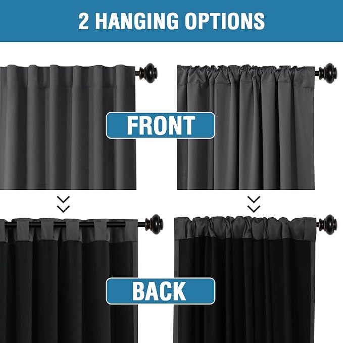 H.VERSAILTEX 100% Blackout Curtains for Bedroom with Black Liner Full Room Darkening Curtains Thermal Insulated Back Tab/Rod Pocket Window Drapes for Living Room, 2 Panel, 42 x 84 Inch, Charcoal Grey