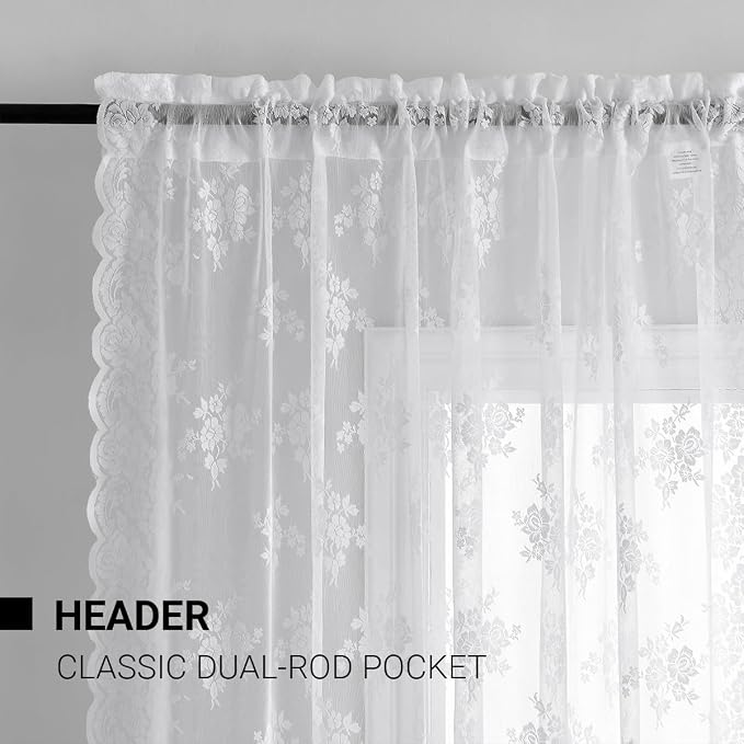 Kotile White Lace Curtains for 63 Inch Length 2 Panels, W52 x L63 Inch, Rusitc Floral Vintage Lace Sheer Curtains for Windows, Rod Pocket Privacy Light Filtering Sheer Curtain for Bedroom Dining Room