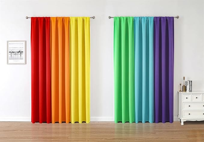 THOOO 6 Panel Blackout Rainbow Curtains for Bedroom & Living Room - 63 Inch Length, Room Darkening, Rod Pocket, Colorful Drapes in Red, Orange, Yellow, Green, Blue, Purple