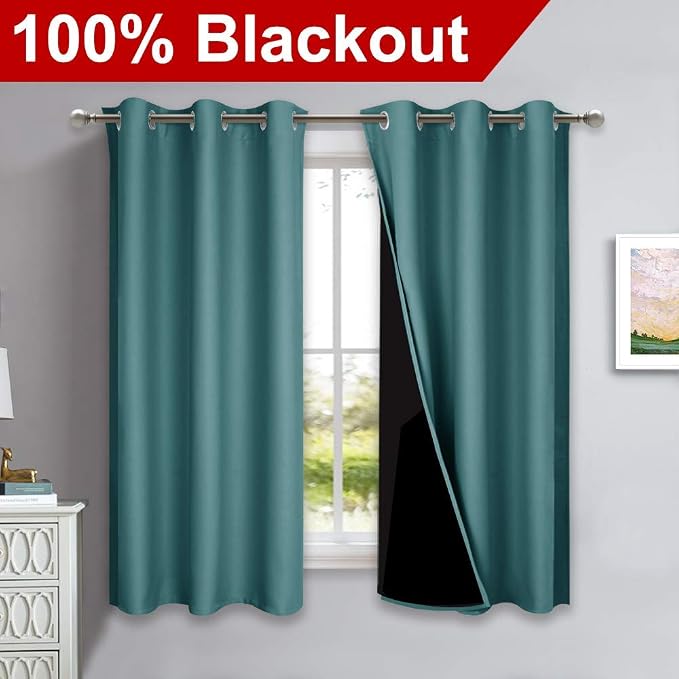 NICETOWN 100% Blackout Short Curtains with Black Liners, 2 Panels, 37" W by 63" L, Sea Teal, Solid Thermal Insulated Full Blackout 2-Layer Lined Drapes, Energy Efficiency Window Draperies for Bedroom