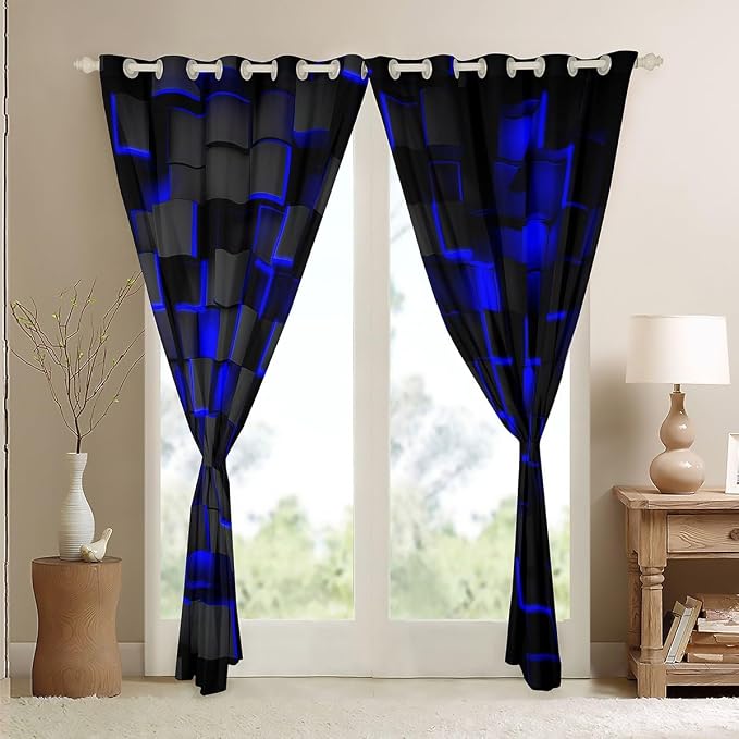Feelyou Blue and Black Darkening Drapes (2 Panels, 38 x 45 Inch) Light Geometric Curtains for Bedroom Living Room Girls Decor Blackout Curtains Modern Style Window Treatments