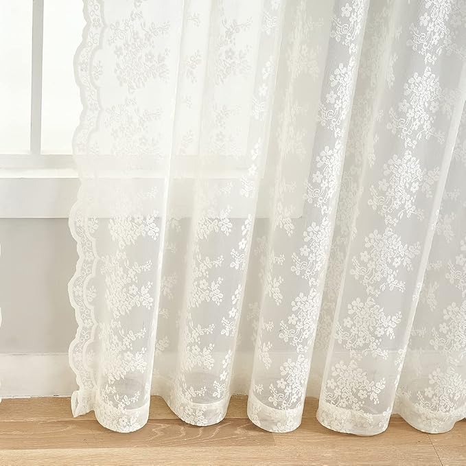 YJ YANJUN Vintage Lace Curtains 108 inches Long 2 Panels Set French Country Shabby Chic Floral Sheer Curtains for Living Room Window Light Filtering Rod Pocket 52W x 108L Ivory