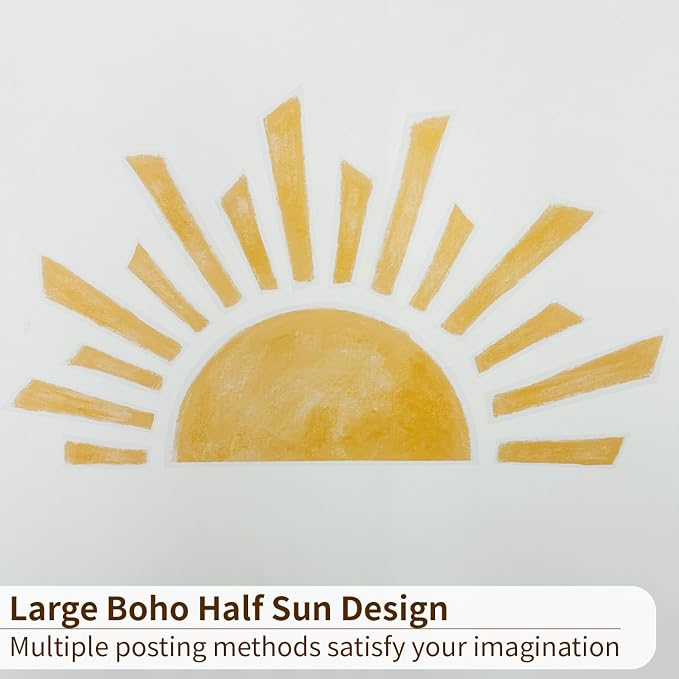 Large Boho Half Sunrise Wall Decals Peel and Stick, Watercolor Sun Decal Sunrise Wall Murals Stickers, Sunshine Wall Stickers for Kids Room Playroom Nursery Bedroom, 47.28" x 26.40"