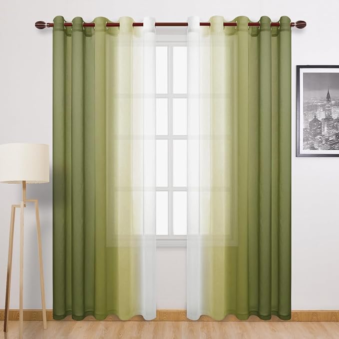 DWCN Ombre Faux Linen Sheer Curtains - Extra Wide Gradient Semi Voile Light Filtering Grommet Top Bedroom and Living Room Curtains, 60 x 84 Inches Long, Set of 2 Window Curtain Panels, Olive Green
