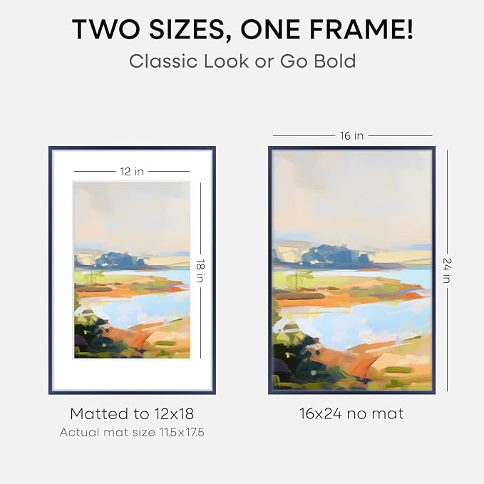 Homeforia 16x24 Navy Blue Picture Frame, High End Metal 16x24 Poster Frames with Mat 12x18 inch Photo, 16 x 24 Navy Blue Frame Matted to 12 by 18 Print, 24x16 Frame, Tempered Glass, Wall Kit, Set of 2