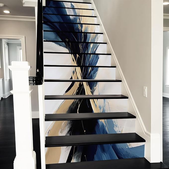 REDAMANCY Abstract White Sea Blue Gold Mosaic Oil Painting Peel and Stick Vinyl Stair Riser Decals Staircase Tile Stickers Decor Modern Marble Decoration Self-Adhesive(14 Pcs)
