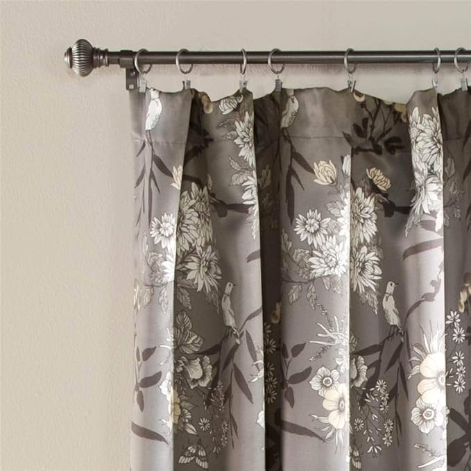 Lush Decor Botanical Garden Curtains Floral Bird Print Light Filtering Window Panel Drapes Set for Living, Dining, Bedroom (Pair), Gray, 52"W x 95L"