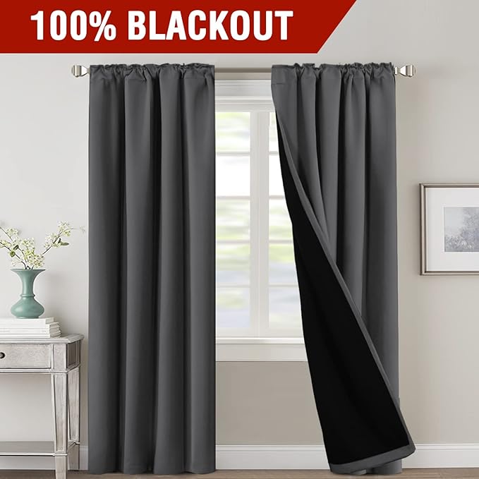 H.VERSAILTEX 100% Blackout Curtains for Bedroom with Black Liner Full Room Darkening Curtains Thermal Insulated Back Tab/Rod Pocket Window Drapes for Living Room, 2 Panel, 42 x 84 Inch, Charcoal Grey