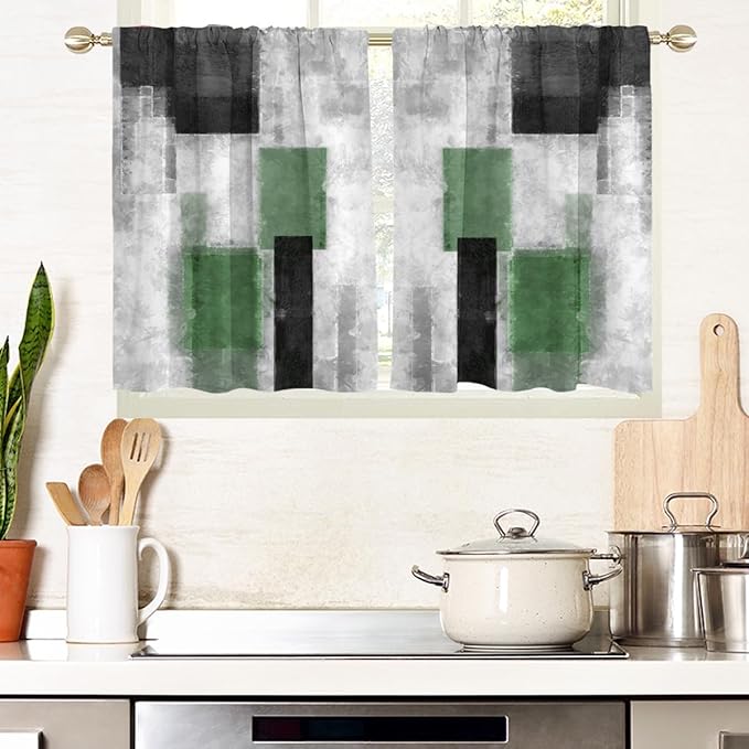 AAtter Green Window Curtains for Kitchen Black Gray Grey Olive Modern Funky Small Short Home Living Room Bedroom Bathroom Rod Pocket Drapes Treatment Tiers Fabric 1 Pair, 27.5" W x 36" L, Geometric