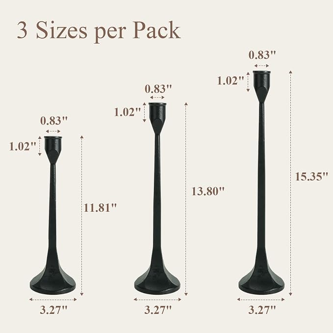 Black Iron Taper Pillar Candle Holders Set of 3, Candlestick Holders Rustic Vintage Decorations, Tall Candle Stand for Home Decor Mantle Dining Coffee Table Outdoor Wedding-11.8"+13.8"+15.4"