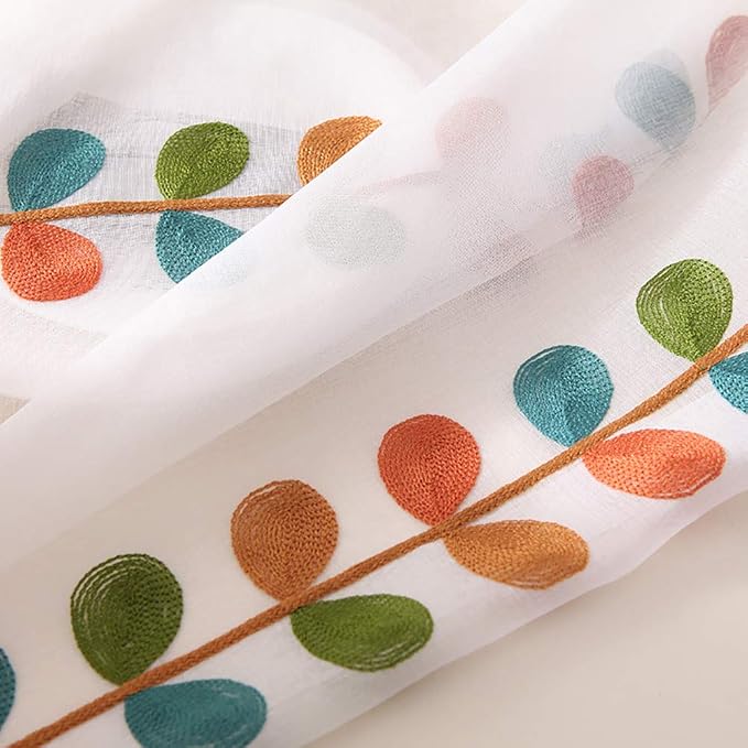 VOGOL Sheer Curtains 96 Inches Long, Colorful Leaves Embroidered Semi Sheer Rod Pocket Drapes for Living Room/Bedroom, 52 X 96, 2 Pieces