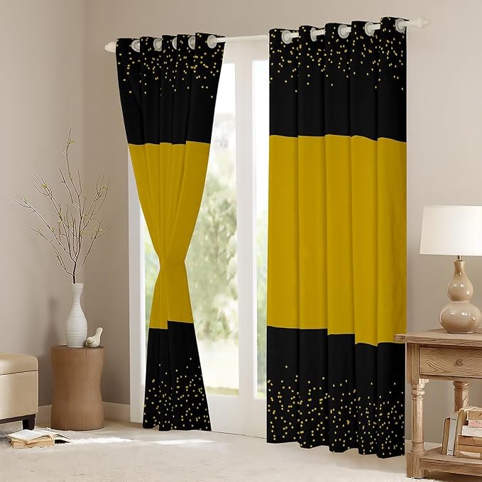 jejeloiu Black Curtains for Bedroom Living Room Glitter Print Blackout Darkening Drapes Gold Pattern Window Treatments, 2 Panels 42 x 90 Inch Modern Room Decor Abstract