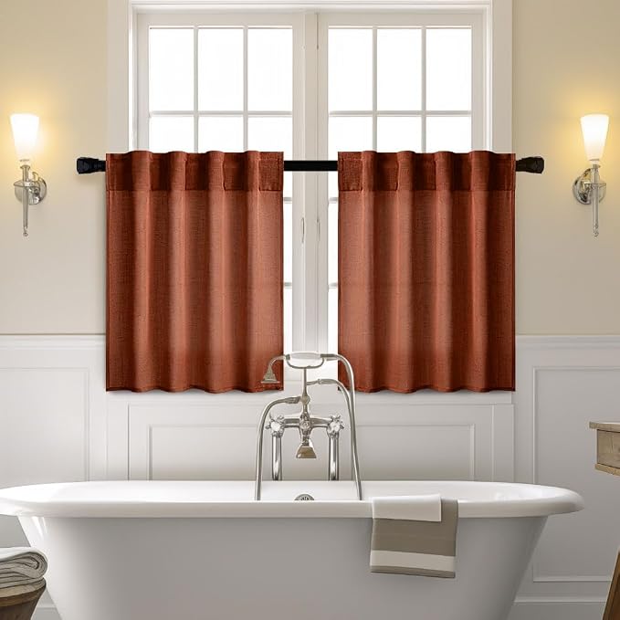 MIULEE Burnt Orange Kitchen Curtains 24 Inch Length 2 Panels, Soft Thick Linen Textured Semi Sheer Light Filtering Short Cafe Tier Curtains for Small Half Window Back Tab Rod Pocket Fall Boho Decor