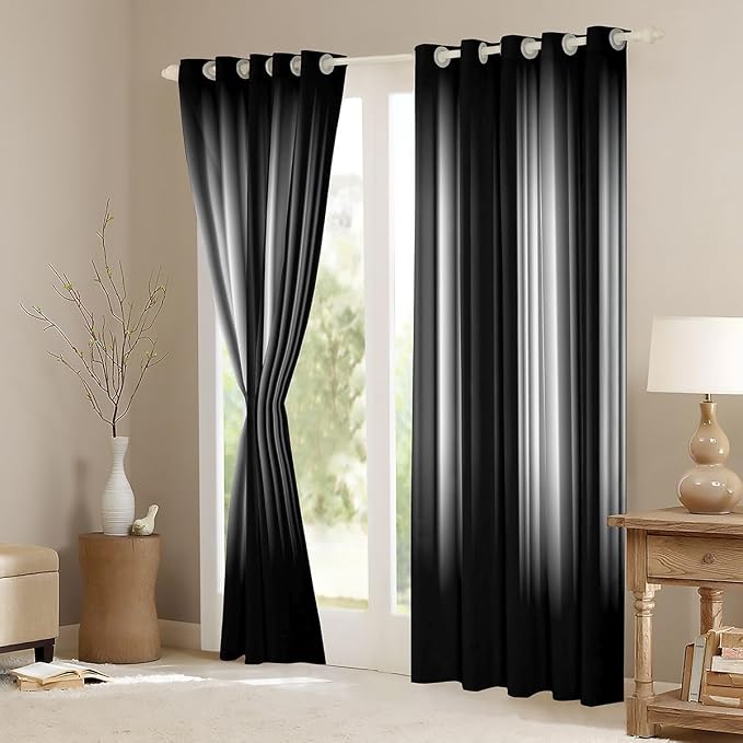 jejeloiu White and Black Darkening Dreapes Geometric Strip Lines Curtains Curtains (2 Panels, 38 x 54 Inch) Modern Gradient Style Sliver Window Treatments Blackout