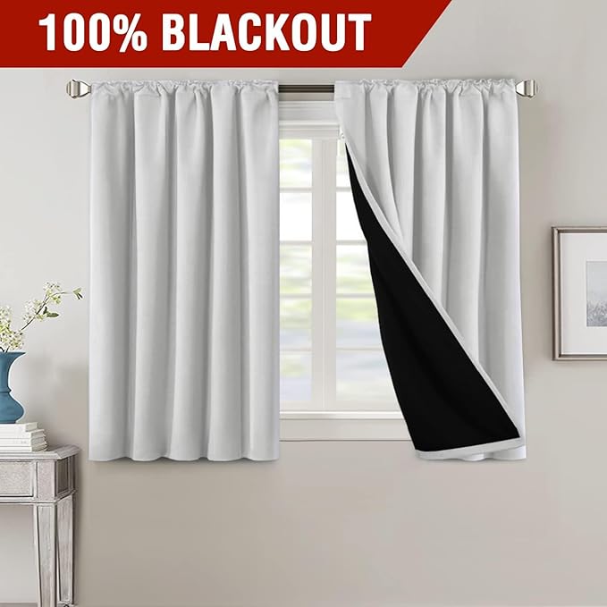 H.VERSAILTEX 100% Blackout Curtains for Bedroom with Black Liner Full Room Darkening Curtain 45 Inch Long Thermal Insulated Back Tab/Rod Pocket Window Drapes for Living Room, 2 Panels, Greyish White